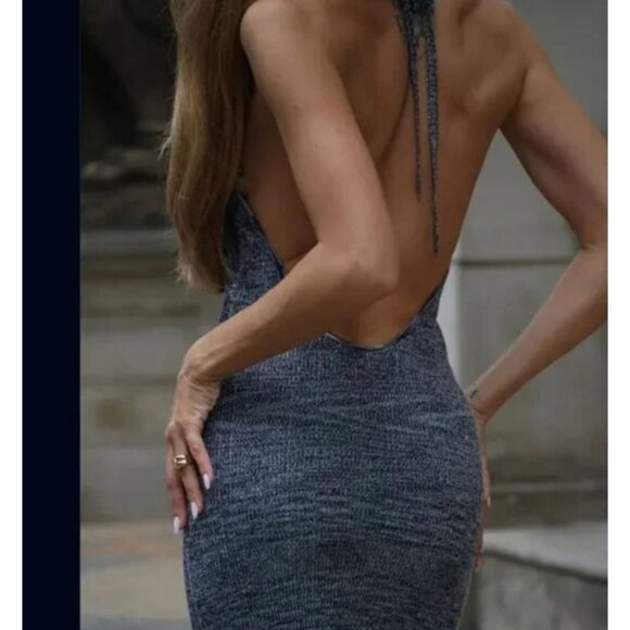 Rumored Clothing S Bodycon Dress Midi Montauk Blue Riptide Open Back Summer - Picture 3 of 5